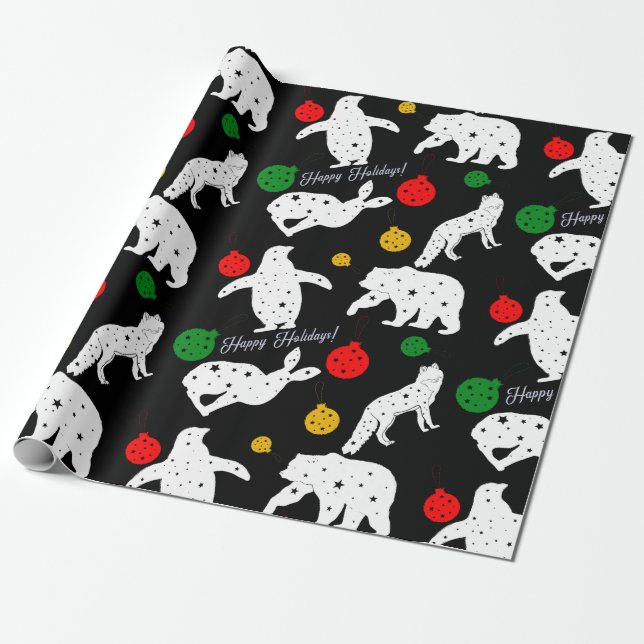 Cute Animals and Ornaments on Black Background Wrapping Paper (Unrolled)