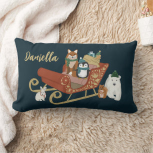 Cute Animals and Sleigh Modern Name Christmas Lumbar Cushion