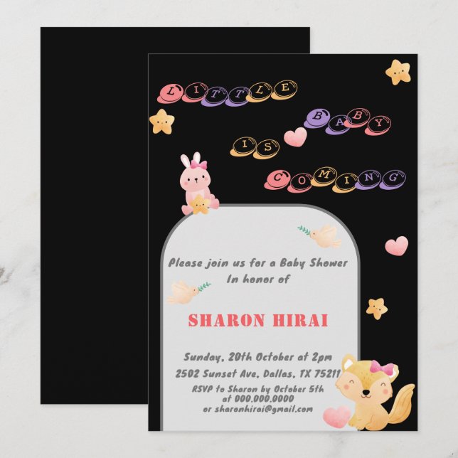 Cute Animals Baby Shower Invitation - Black (Front/Back)
