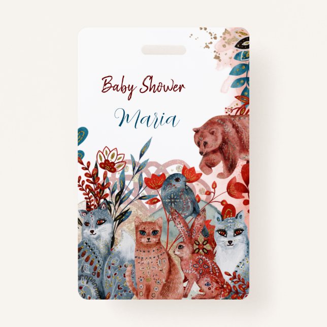 Cute Animals baby shower invitation red and blue ID Badge (Front)