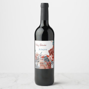 Cute Animals baby shower invitation red and blue Wine Label