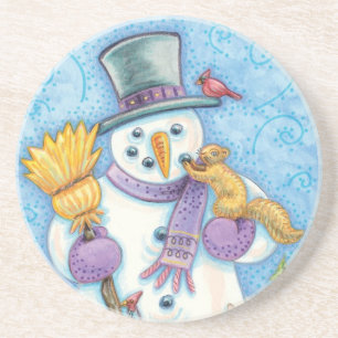 Cute Animals Building a Snowman for Christmas Coaster
