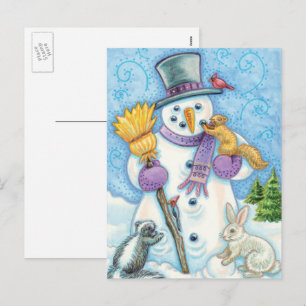 Cute Animals Building a Snowman for Christmas Holiday Postcard