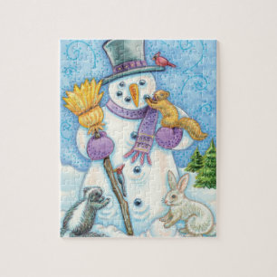 Cute Animals Building a Snowman for Christmas Jigsaw Puzzle