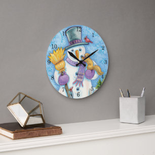 Cute Animals Building a Snowman for Christmas Large Clock
