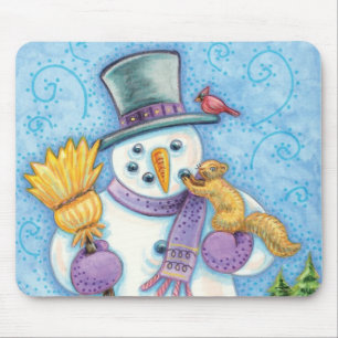 Cute Animals Building a Snowman for Christmas Mouse Pad