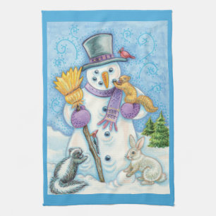 Cute Animals Building a Snowman for Christmas Tea Towel