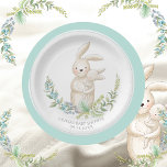 Cute Animals Bunny Personalised Green Baby Shower  Paper Plate<br><div class="desc">Soft pastel coloured flowers and the sweetest ever bunny rabbit holding baby bunny. Mint green trim.  Personalised with name and date make this extra special. Matching products available. 100% customer satisfaction with “Zazzle”</div>