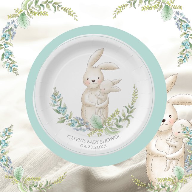 Cute Animals Bunny Personalised Green Baby Shower  Paper Plate (Creator Uploaded)