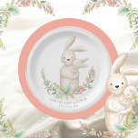 Cute Animals Bunny Personalised Pink Baby Shower  Paper Plate<br><div class="desc">Soft pastel coloured flowers and the sweetest ever bunny rabbit holding baby bunny.  Personalised with name and date make this extra special. Matching products available. 100% customer satisfaction with “Zazzle”</div>