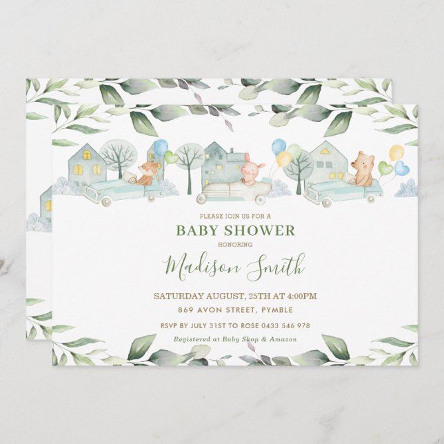 Cute Animals Cars Greenery Baby Shower Boy Invitation (Front/Back)