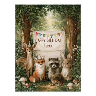 Cute Animals Celebrating Birthday with Name Banner Poster
