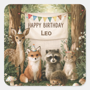 Cute Animals Celebrating Birthday with Name Banner Square Sticker