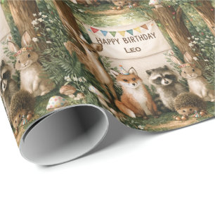 Cute Animals Celebrating Birthday with Name Banner Wrapping Paper