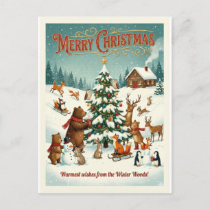  Cute Animals Celebrating Christmas in Snow Holiday Postcard