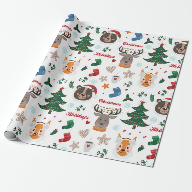 Cute Animals Christmas Pattern Wrapping Paper (Unrolled)