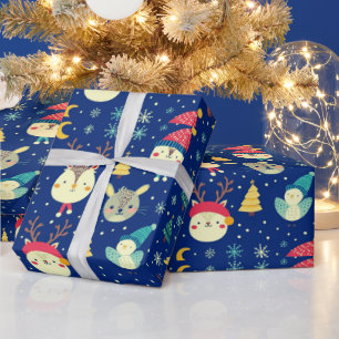 Cute Animals Christmas Trees Blue Christmas Wrapping Paper