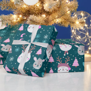 Cute Animals Christmas Trees Green Christmas Wrapping Paper