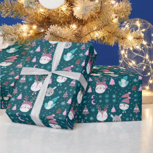 Cute Animals Christmas Trees Green Christmas Wrapping Paper