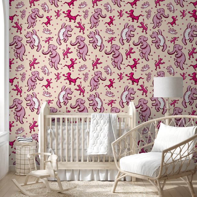 Cute Animals Dance Pink Cream Nursery Wallpaper (Kids)