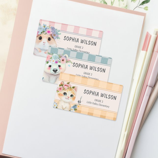 Cute Animals Floral Gingham Pink Blue Orange Name (Creator Uploaded)