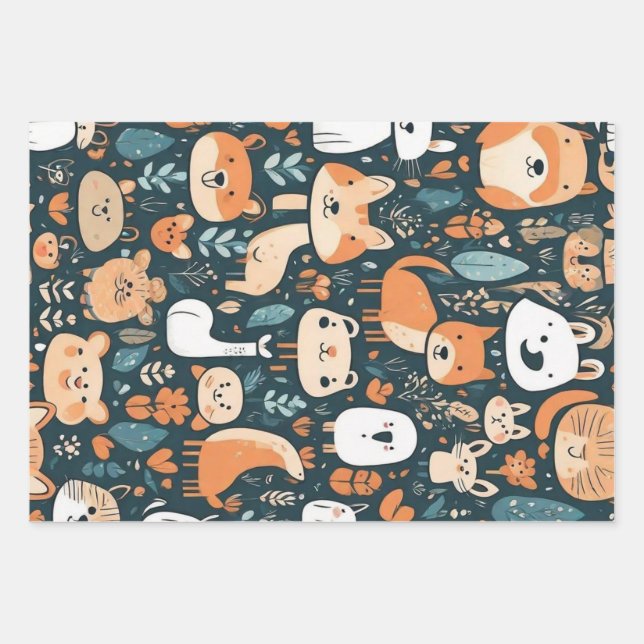 Cute animals fun design green decor wrapping paper sheet (Front)