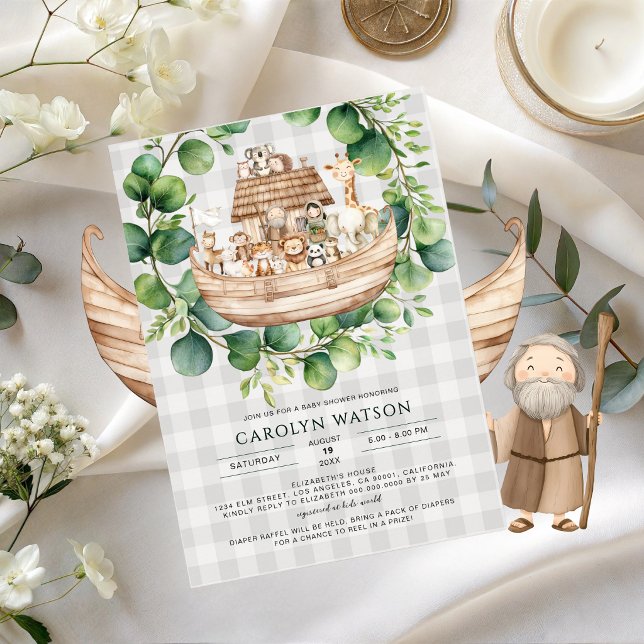 Cute Animals Gingham Noah's Ark Baby Shower  Invitation (Creator Uploaded)