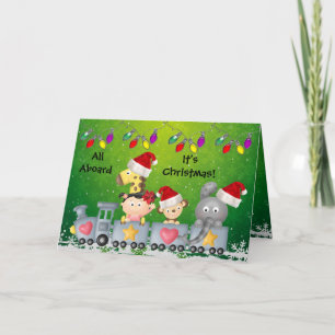 Cute Animals & Girl on Train Colourful Christmas Holiday Card