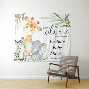 Cute animals greenery baby shower backdrop sign tapestry