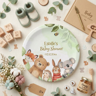 Cute Animals Greenery Woodland baby shower  Paper Plate