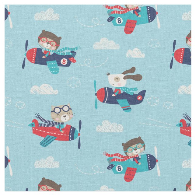 Cute Animals in Aeroplanes on light blue Fabric (Close Up)