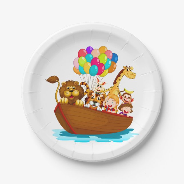 Cute Animals in Boat with Balloons Paper Plate (Front)
