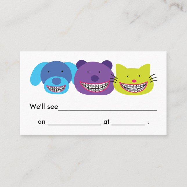 Cute Animals in Braces Orthodontist Appointment Card (Front)