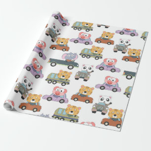 Cute Animals In Cars Pattern Wrapping Paper