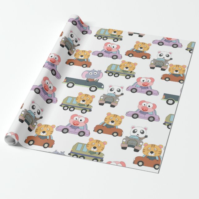 Cute Animals In Cars Pattern Wrapping Paper (Unrolled)