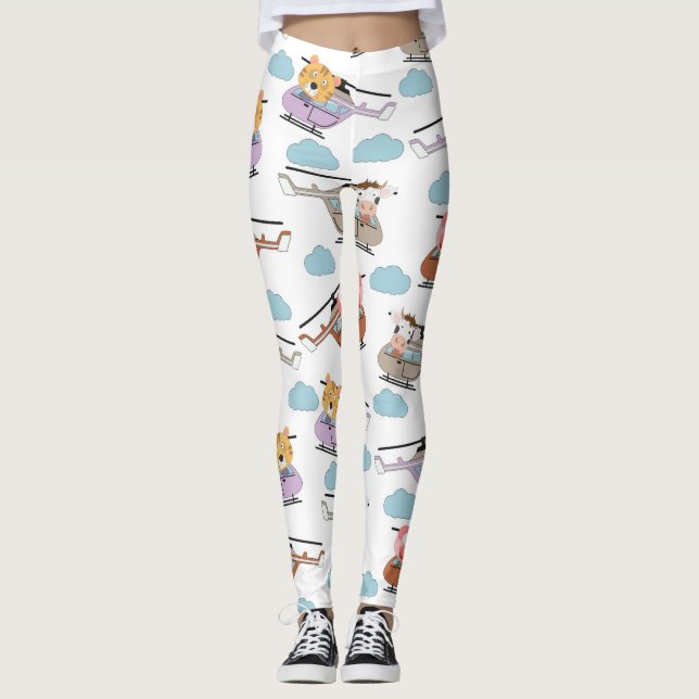 Cute Animals In Helicopter Pattern Leggings (Front)
