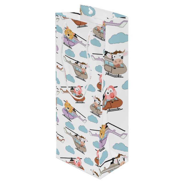 Cute Animals In Helicopter Pattern Wine Gift Bag (Back Angled)