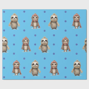 Cute Animals in Scarves Christmas on Blue Wrapping Paper