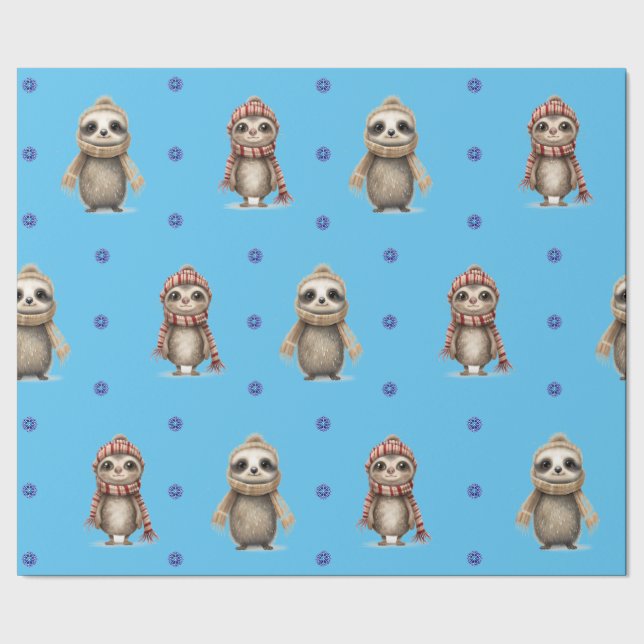 Cute Animals in Scarves Christmas on Blue Wrapping Paper (Seam)