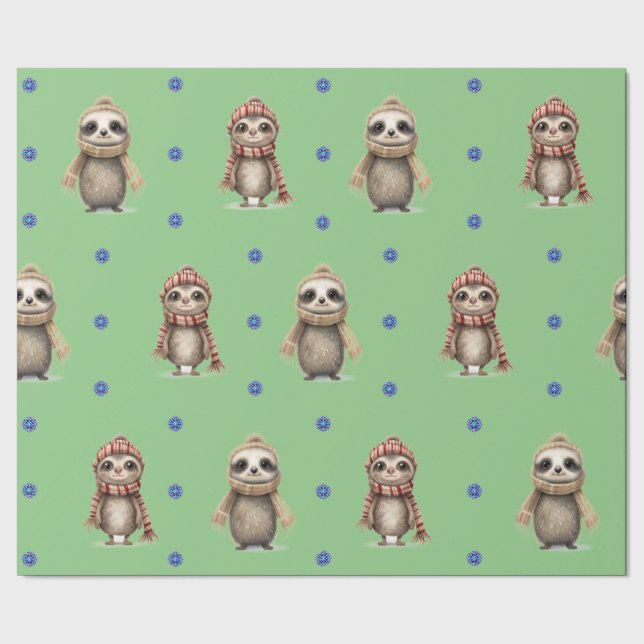 Cute Animals in Scarves Christmas on Green Wrapping Paper (Seam)