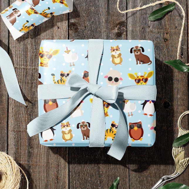 Cute Animals in Sunglasses Pattern on Blue Wrapping Paper (Creator Uploaded)
