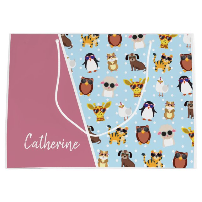 Cute Animals in Sunglasses with Name Large Gift Bag (Front)