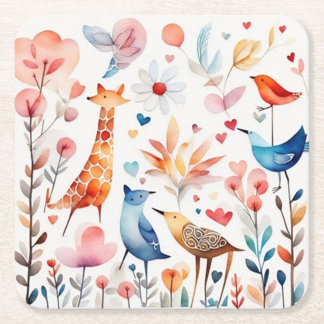 Cute animals in the garden square paper coaster (Front)
