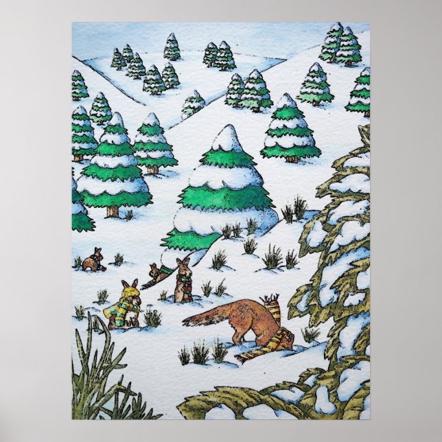 cute animals in the snow illustration wildlife poster (Front)