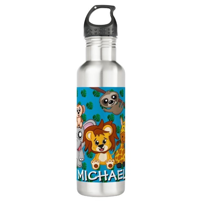 Cute Animals Jungle Blue Cartoon Zoo Safari Name 710 Ml Water Bottle (Front)