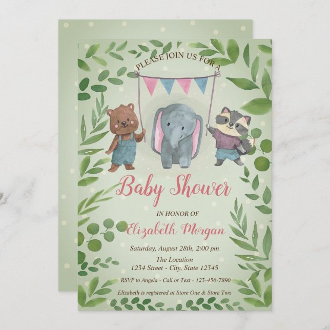Cute Animals,Leaves, Blue Dots Baby Shower Invitation (Front/Back)
