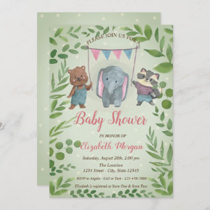 Cute Animals,Leaves, Blue Dots Baby Shower Invitation