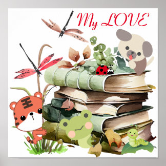 Cute animals on pile of books Poster Paper (Matte)