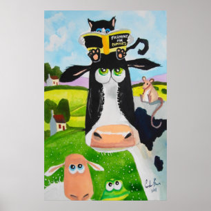 Cute animals painting Cow cat sheep frog Poster