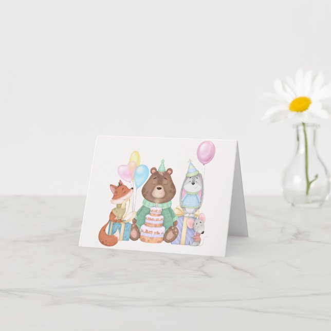 Cute animals pastel colour birthday party card (Small Plant)